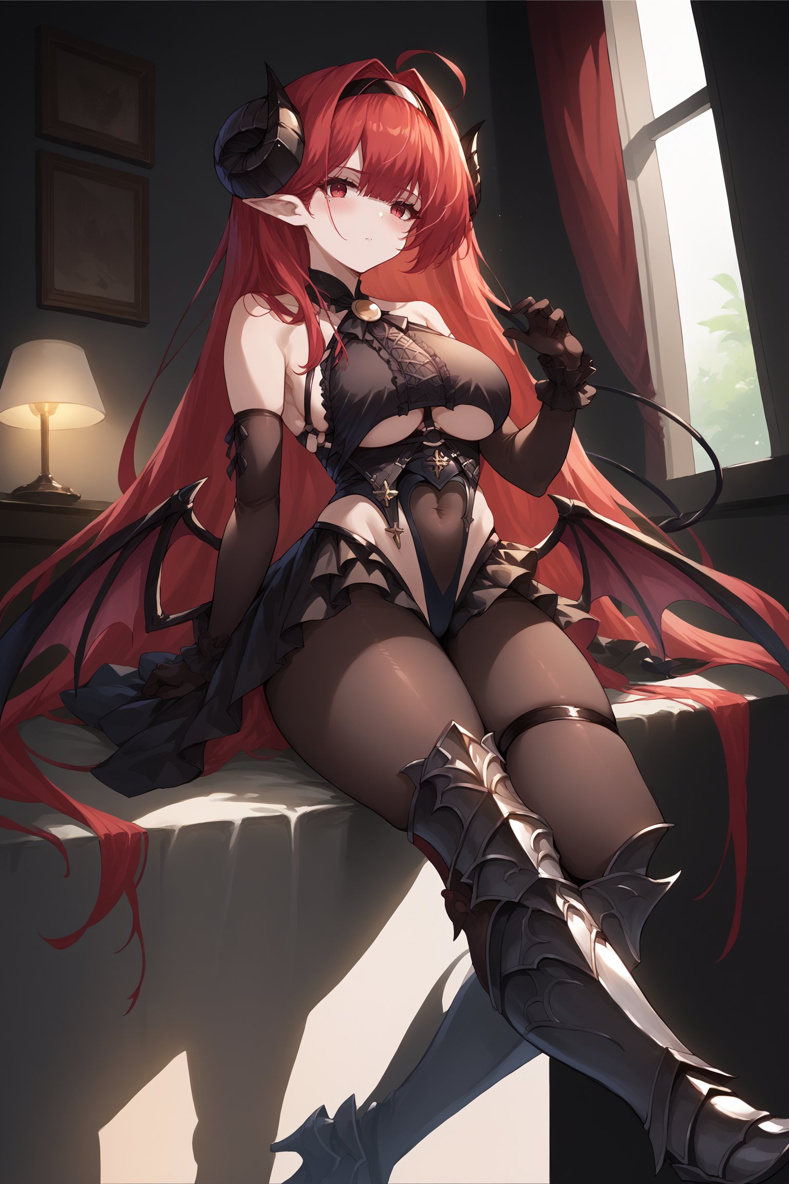 score_9, score_8_up, score_7_up, , rating_explicit,nsfw,1girl ,hinsd, ahoge, hair between eyes, absurdly long hair, mole under eye, o-ring, center cross lace, sideboob, demon horns, demon tail, low wings, pointy ears, black elbow gloves, hairband, frilled leotard, brooch, bodystocking, clothing cutout, underboob cutout, covered navel, thighhighs, miniskirt, thigh strap, greaves,  armored boots, high heels, source_anime, <lora:HindenburgPDCAME AL:1>, <lora:GBFSplashArtXLPDv2:1>, gbsa, splash art, see-through, indoors, facing viewer,