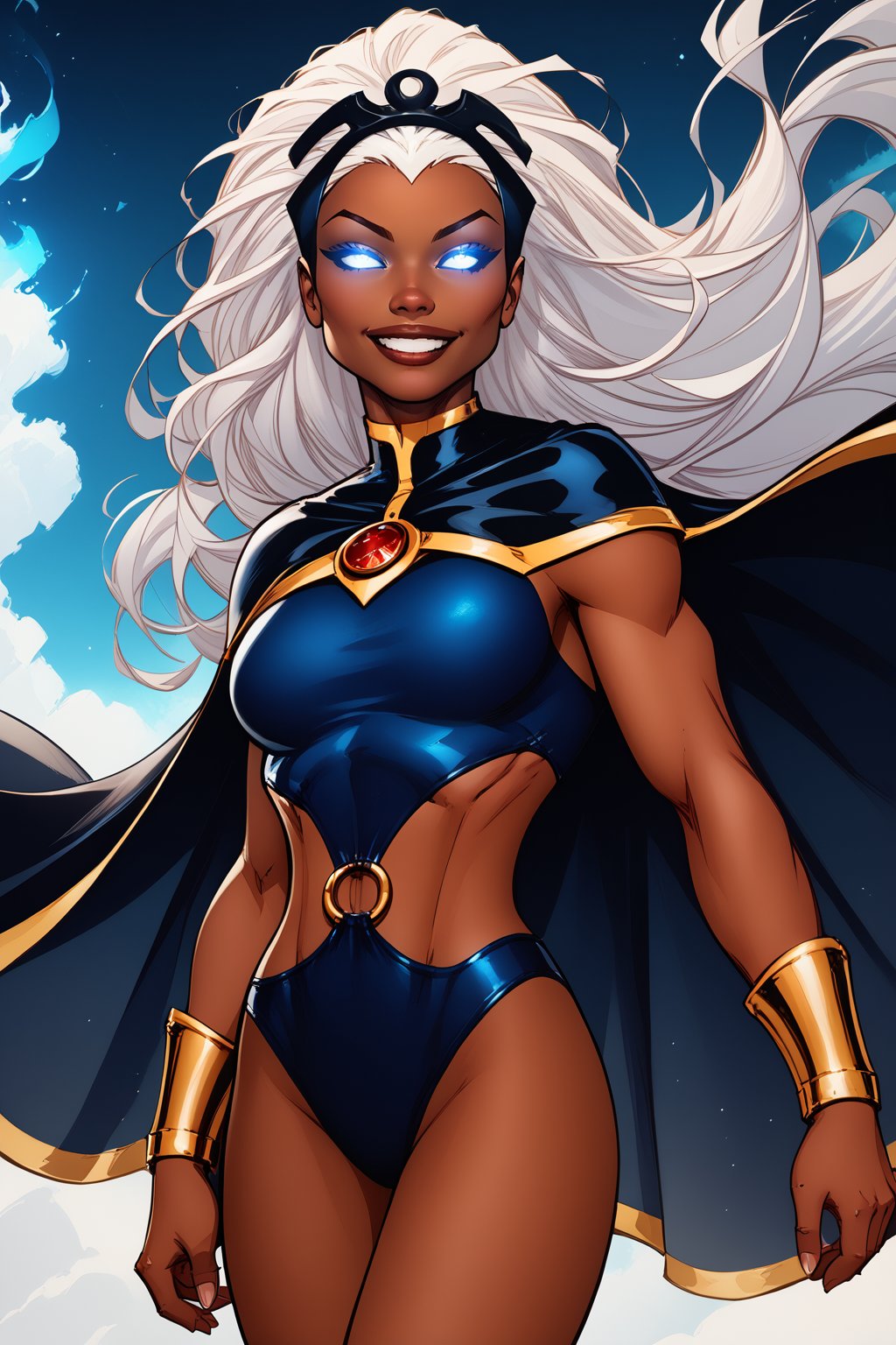 score_9, score_8_up, score_7_up, masterpiece, high quality <lora:Storm ClassicPonyLoRA:0.8>strm, dark-skinned female, long hair, white eyes, no pupils, glowing eyes, headgear, tiara, cape, bracer, leotard, o-ring, highleg, grin, floating <lora:Michael TurnerStylePonyLyco:1> mtms