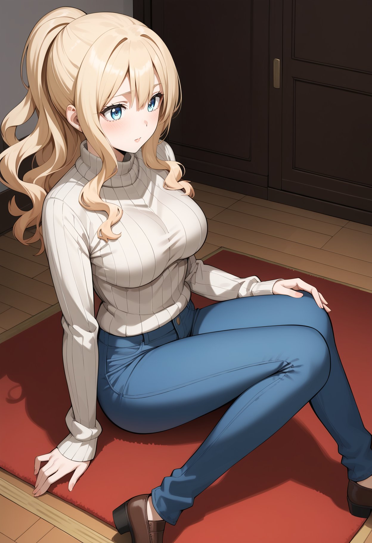 score_9, score_8_up, score_7_up, score_6_up, score_5_up, score_4_up, source_anime, aairina, long hair, ponytail, wavy hair, blue eyes, breasts, ribbed sweater, brown sweater, jean, pants, <lora:irina_jelavic_ponyxl_v1:0.9>, on floor, sitting, room, indoors, carpet, 