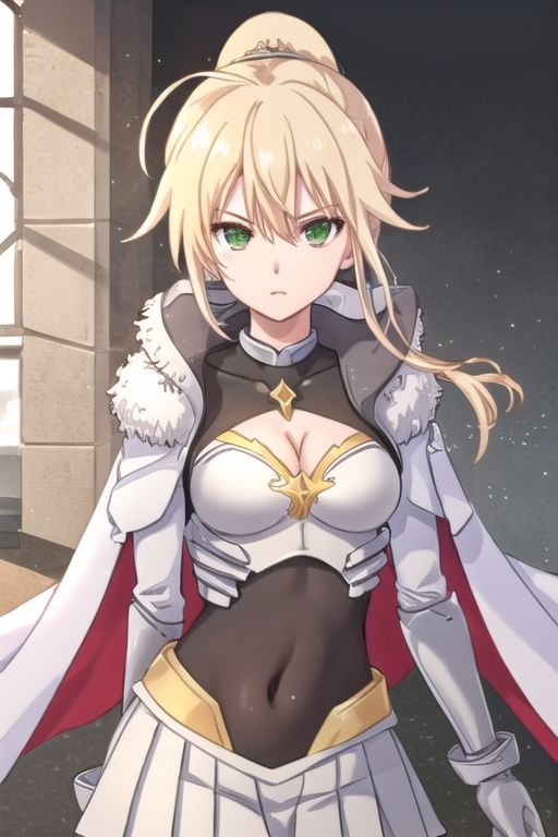 game lineart, game color, ReannaBrigantia, 1girl, green eyes, solo, blonde hair, ponytail, long hair, covered navel, white cape, ahoge, braid, pleated skirt, white skirt, hair between eyes, cleavage, medium breasts, fur-trimmed cape, armor, breastplate,, BREAK looking at viewer, arms down, BREAK indoors, castle, BREAK looking at viewer, (cowboy shot:1.5), (upper body:1.5), dynamic pose, BREAK <lyco:GoodHands-beta2:1>, (masterpiece:1.2), best quality, high resolution, unity 8k wallpaper, (illustration:0.8), (beautiful detailed eyes:1.6), extremely detailed face, perfect lighting, extremely detailed CG, (perfect hands, perfect anatomy),