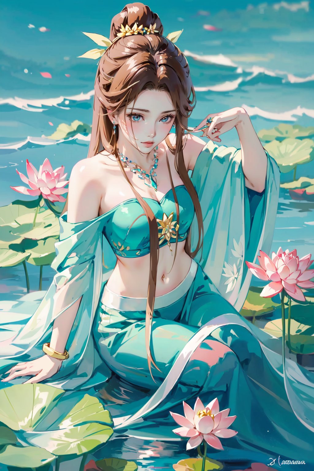 -Hanama wine, 1girl, jewelry, flower, necklace, solo, brown hair, lotus, holding, hair ornament, navel, midriff, hair bun, bare shoulders, water, long hair, looking down,anime,<lora:Hanama wine V2-000018:0.8>,