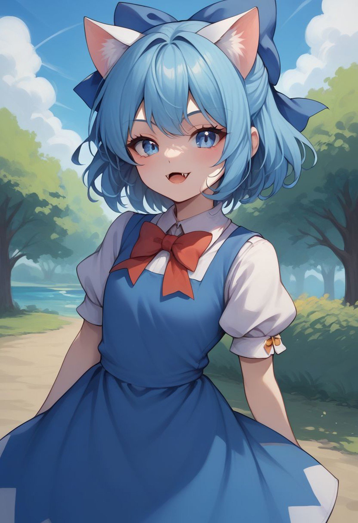 score_9, score_8_up, source_anime, highly detailed, cirno, 1girl, solo, blue eyes, blue hair, short sleeves, bow, blue bow, blue dress, puffy sleeves, puffy short sleeves, cat ears, fangs, outdoor, 