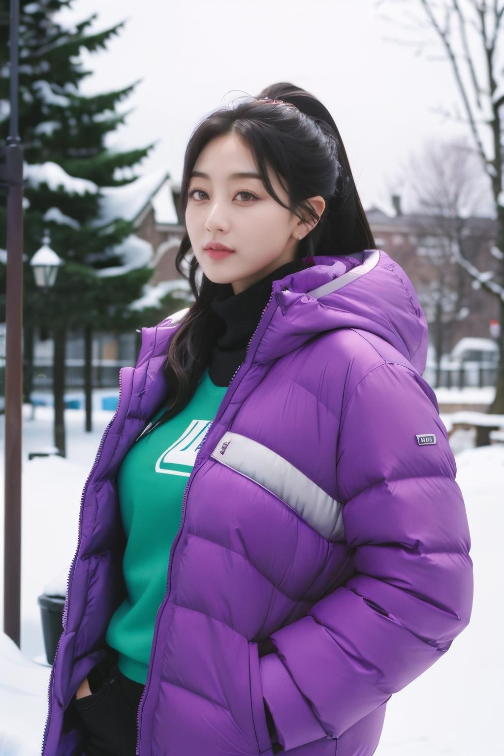 <lora:Jihyo_BRA:1>, a picture of Jihyo, jacket, winter clothes, winter coat, outdoors, snow, (detailed lighting, extremely detailed skin, extremely detailed hair, shadows, 8k), looking at viewer, (High Key Lighting), masterpiece, top quality, best quality, official art, unity 8k wallpaper, highres, ultra-high res, ultra-detailed, beautiful and aesthetic