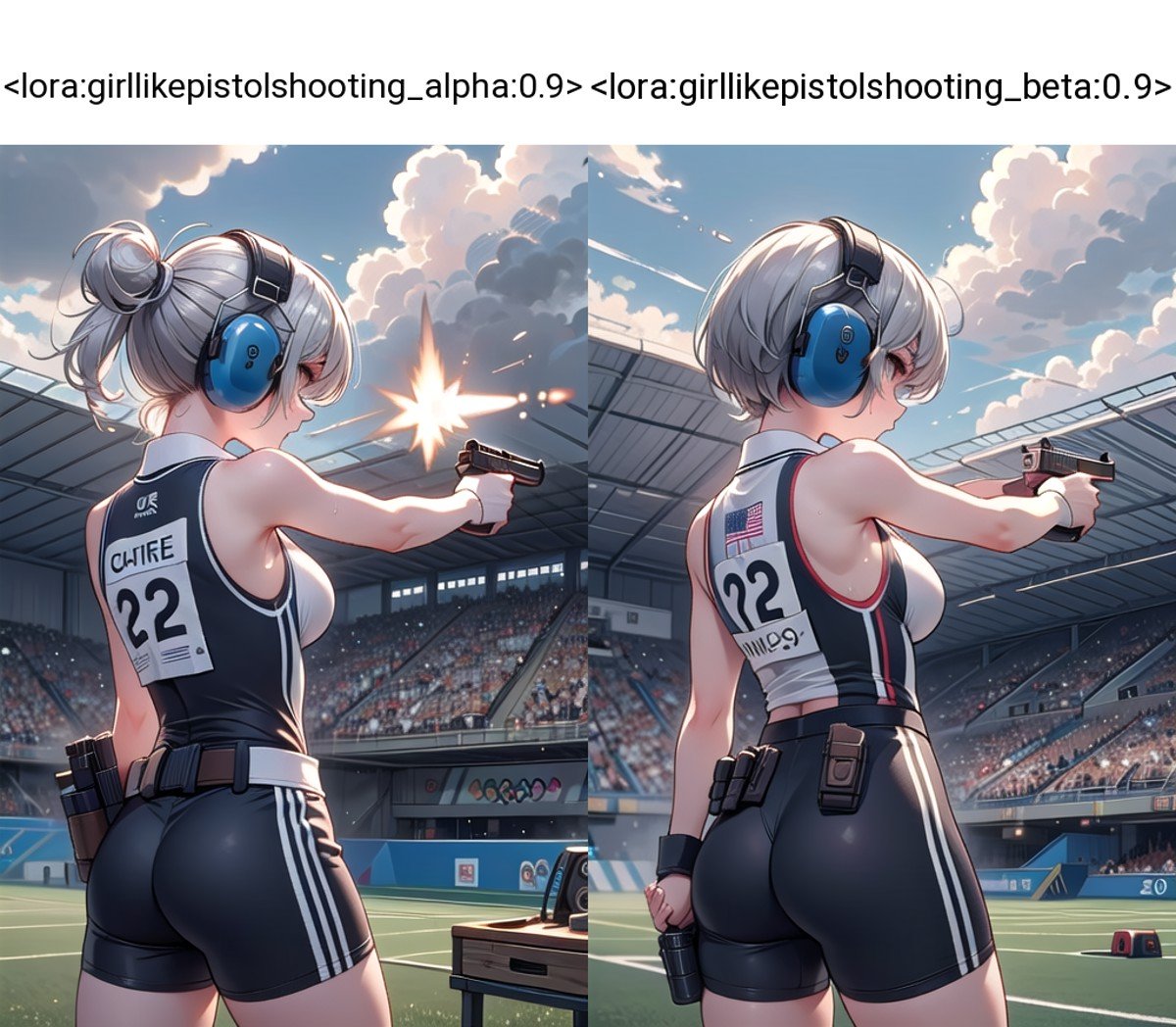 (((masterpiece))), (((best quality))), ((pistol shooting)), (holding air handgun), muzzle flash, aiming at target, aiming at viewer, firing, player uniform, sleeveless, sports shorts, ear defenders, fingerless gloves, open-air range, olympic games venue, sky, wind, steam, sweat, shadow, 1girl, ribbon, gray hair, bobcut, big tits, stnading, from behind, facing away, <lora:girllikepistolshooting_alpha:0.9>