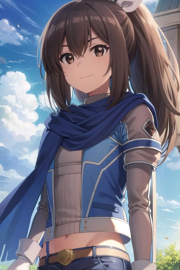 bofurisally, <lora:bofuri sally s2-lora-nochekaiser:1>, sally, long hair, brown hair, (brown eyes:1.5), ribbon, hair ribbon, ponytail, smile,BREAK gloves, shorts, scarf, blue scarf, shirt, white shirt, puffy sleeves, long sleeves, belt, denim shorts,BREAK outdoors, nature, forest, sun, sky, clouds, trees, grass,BREAK looking at viewer,BREAK <lyco:GoodHands-beta2:1>, (masterpiece:1.2), best quality, high resolution, unity 8k wallpaper, (illustration:0.8), (beautiful detailed eyes:1.6), extremely detailed face, perfect lighting, extremely detailed CG, (perfect hands, perfect anatomy),