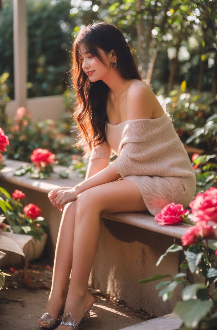 1girl,dress,flower,solo,brown hair,pink dress,sitting,rose,plant,(long hair:1.3),blurry,bare shoulders,pink flower,jewelry,pink rose,necklace,depth of field,off-shoulder dress,parted lips,off shoulder,breasts,looking at viewer,collarbone,lips,vines,strapless,princess,strapless dress,blurry foreground,full body,earrings,smile, <lora:纯欲摄影小姐姐:0.8>