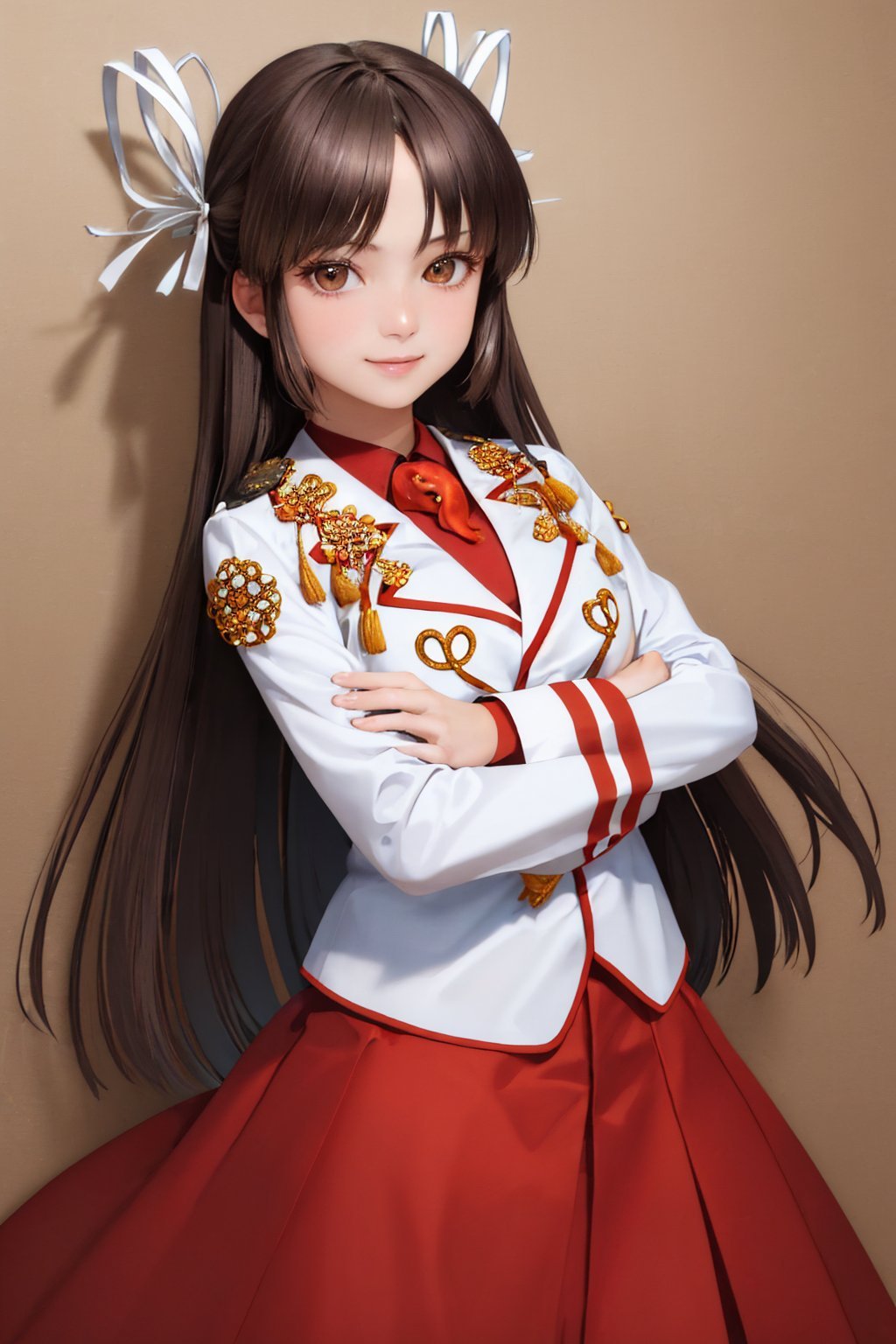 (masterpiece, best quality:1.2), <lyco:kancolle_hiyou-11:1.0>, cowboy shot, solo, 1girl, hiyou, smile, looking at viewer, crossed arms, hime cut, hair ribbon, japanese clothes, dress shirt, red hakama, magatama