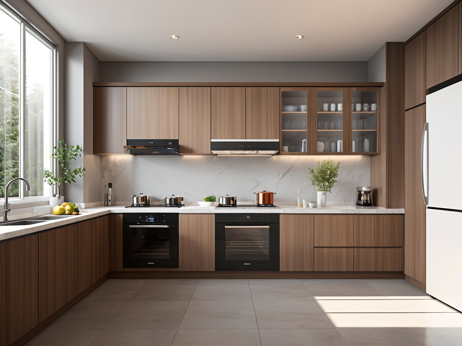 kitchen,plant,window,fruit,indoors,food,stove,faucet,refrigerator,frying pan,no humans,interior design,rendering style,cutting board,microwave,apple,kitchen knife,sunlight,window,White ceilings,