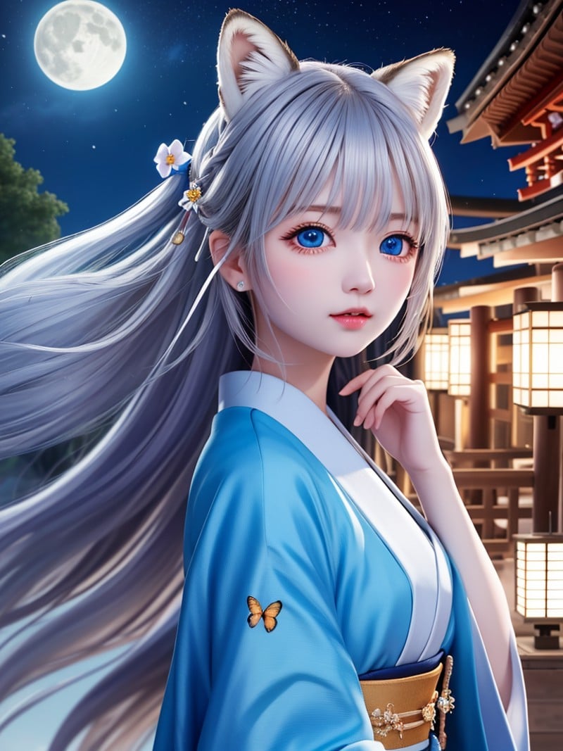 original, (masterpiece), (illustration), (extremely fine and beautiful), (perfect details), (unity CG 8K wallpaper:1.05), (beautiful and clear background:1.25), (depth of field:0.7), (1 cute girl with (2 fox ear:0.9) and (fox tail on the back:1.2) stands aside the river:1.15). (cute:1.3), (detailed beautiful eyes:1.3), (beautiful face:1.3), silver hair, silver ear, (pink hair:0.7), (pink ear:0.7), long hair, (japanese kimomo:1.25), (hair blowing with the wind:1.1), (blue eye:1.1), (little girl:1.1), butterflys flying around, (moon light:0.6), tree, (summer), (night:1.2), (close-up:0.35), (gloves:0.8), solo