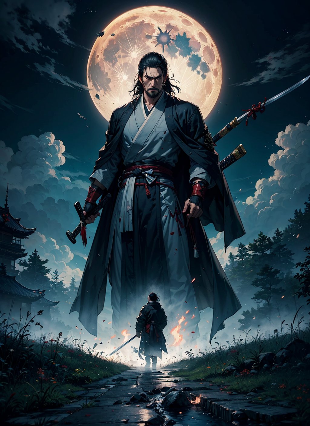 Isshin, the Sword Saint is a legendary warrior and the founder of the Ashina Clan. He is an old man with white hair and beard, wearing a blue kimono with black patterns and a white cloak. He carries  a katana and a spear. He also has a gun hidden in his sleeve.He awaits Sekiro in the great grass field where he first fought Genichiro Ashina, his grandson. The field is covered with blood and corpses of soldiers who died in the battle. The sky is dark and stormy, and lightning flashes occasionally. Isshin emerges from Genichiro’s body after he sacrifices himself to revive him using the Black Mortal Blade. He respects Sekiro as a worthy opponent and challenges him to a final duel for the fate of Ashina.moon, dark theme, light, fantasy,