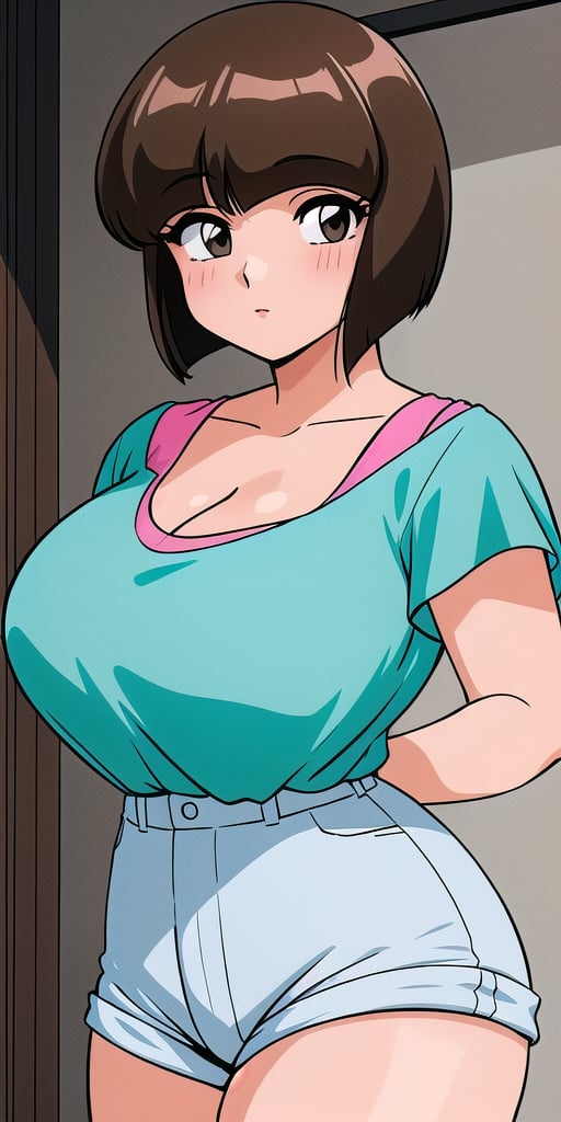 <lora:TendouNabikiV3:0.85> tendounabiki, huge_breasts, standing, solo, Aqua_shirt_Pink_undershirt_Short_shorts, masterpiece, best quality, detailed face, detailed eyes, highres,