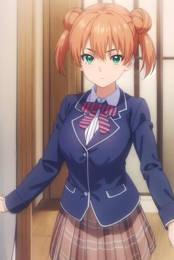 yuukiyoshino, <lora:yuuki yoshino s1-lora-nochekaiser:1>,yuuki yoshino, short hair, twintails, (green eyes:1.3), hair bun, orange hair, double bun,BREAK bow, school uniform, striped, bowtie, blazer, striped bowtie, blue blazer, brown skirt, plaid skirt, plaid,BREAK indoors, kitchen,BREAK looking at viewer, (cowboy shot:1.5),BREAK <lyco:GoodHands-beta2:1>, (masterpiece:1.2), best quality, high resolution, unity 8k wallpaper, (illustration:0.8), (beautiful detailed eyes:1.6), extremely detailed face, perfect lighting, extremely detailed CG, (perfect hands, perfect anatomy),