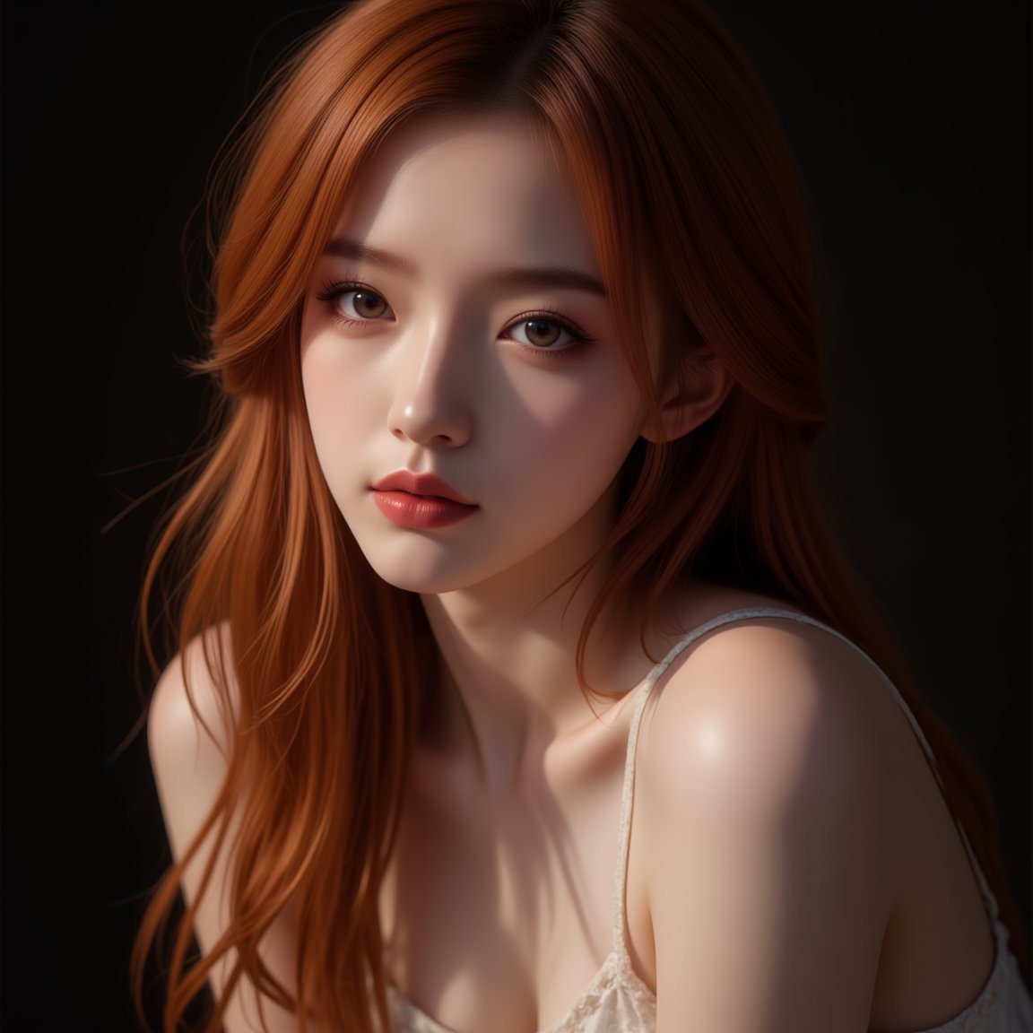 1girl,1girl, ginger hair, 23 years old, beautiful, dappled sunlight, lipstick, dark background, portrait, s1_dram<lora:天穹长老2.0:0.8>