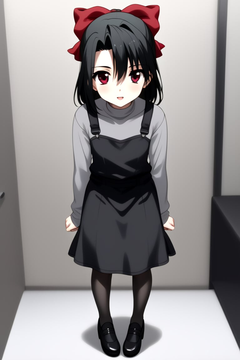 Highly detailed, High Quality, masterpiece, beautiful, 1girl, solo, (feminine focus, young woman, 16 years old), Setsuna Kiyoura, black hair, red eyes, hair bow, red bow, tiny breasts, BREAK (black pinafore dress), grey t-shirt, grey long sleeves, turtle neck, BREAK front view, standing, (Focus face), full_body, leaning_forward<lora:EMS-440496-EMS:1.000000>