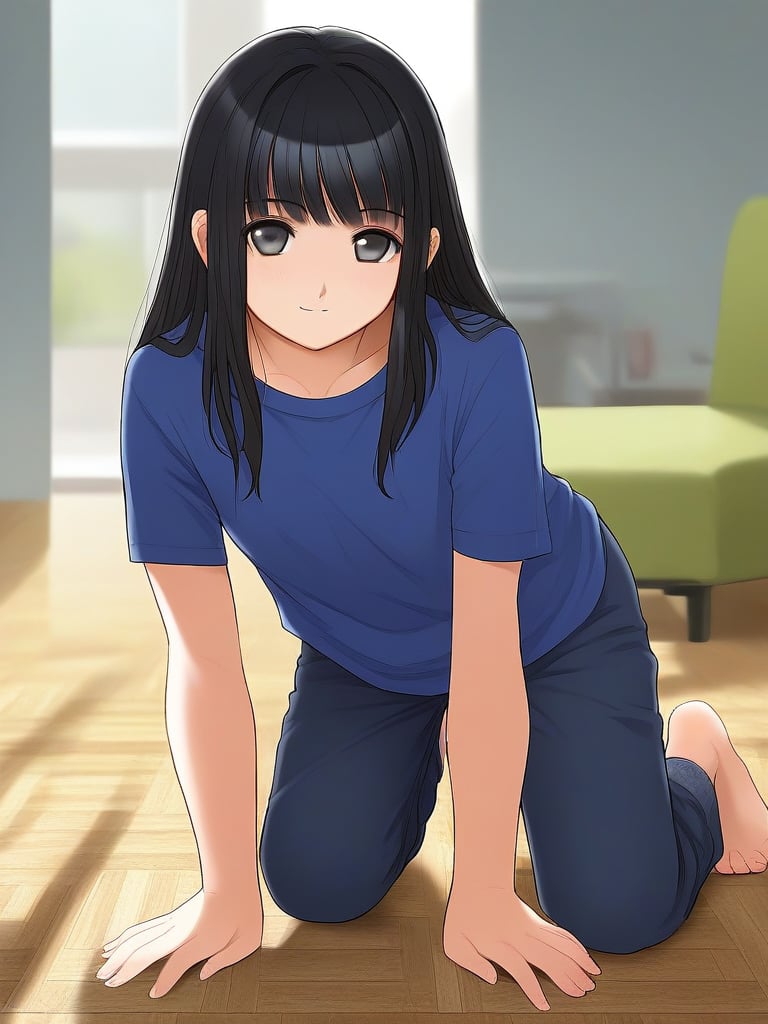 score_9, score_8_up, score_7_up, source_anime, rating_explicit, BREAK  <lora:Tsutsumi_Kinuka_Ver2.0_XL:1>  TsutsumiKinuka,  bangs,  long hair, black hair, black eyes,1girl, solo, looking at viewer, black eyes, bangs, blue half pants,room, flooring,