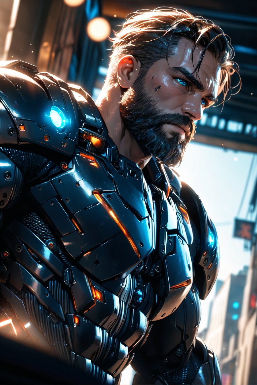 Portrait photo of muscular bearded guy in a worn mech suit, ((light bokeh)), intricate, (steel metal [rust]), elegant, sharp focus, photo by greg rutkowski, soft lighting, vibrant colors, (masterpiece), ((streets)), (detailed face:1.2), (glowing blue eyes:1.1) (Depth of field hdr 8k 4k wallpaper cinematic angle, cinematic lighting,:1.1) (masterpiece, best quality:1.75), (Depth of field hdr 8k 4k wallpaper cinematic angle, cinematic lighting,:1.5) (masterpiece, best quality:2.0)