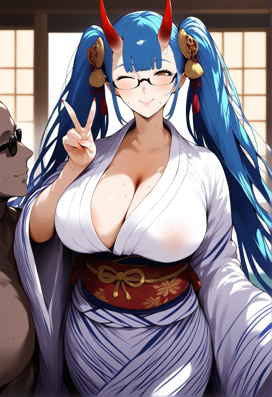 tss, score_9, score_8_up, score_7_up, score_6_up, source_anime, <lora:STS 0.4v:1>,1girl, japanese clothes, glasses, oni horns, v, kimono, 1boy, breasts, smile, blue hair, huge breasts, bangs, dark-skinned male, closed mouth, white kimono, very long hair, hetero, one eye closed, looking at viewer, sweat, twintails, wide sleeves, indoors, faceless male, yukata, sash, bow, large breasts, standing, netorare,