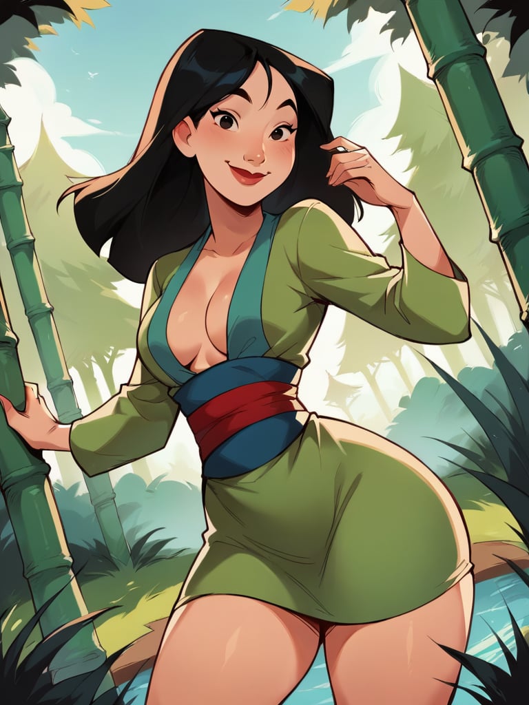 score_9, score_8_up, score_7_up, score_6_up, MulanXLP, smile, long sleeves, green dress, red sash, open clothes, sexually suggestive, breast out, nsfw ,medium breasts, narrow waist, wide hips, thick thighs, looking at viewer, cowboy shot, cartoon, dynamic pose, smile, cute, wide shot, solo, chinese temple, bamboo forest,disney, dutch angle,  <lora:MulanXLP_character:1>