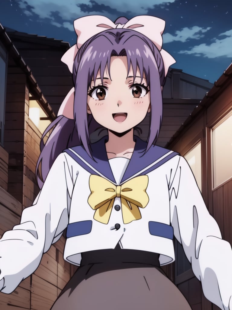 <lora:Koigakubo_Momoko:0.8>, koigakubomomoko, 1girl, school uniform, solo, bow, smile, happy, skirt, night, open mouth, brown eyes, sky, looking at viewer, sailor collar, ponytail, long hair, hair bow, yellow bow, outdoors, shirt, purple hair, cloud, night sky, long sleeves, moon, ribbon, serafuku, bangs, pink bow, hair ribbon,outdoor, sunset, 2000s \(style\), anime, anime_screencap, animated gif, mp4 ,video, animated, 