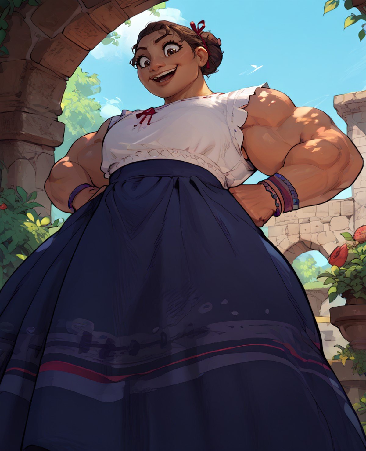 score_9,score_8_up,score_7_up,score_6_up,Luisaxl,brown hair,hair bun with red ribbon,brown eyes,smile,muscular,open mouth,standing,smile,from below, hands on hips, blue skirt,bracelets,white top,garden,stone bridge,morning,<lora:LuisaENC:0.9>,