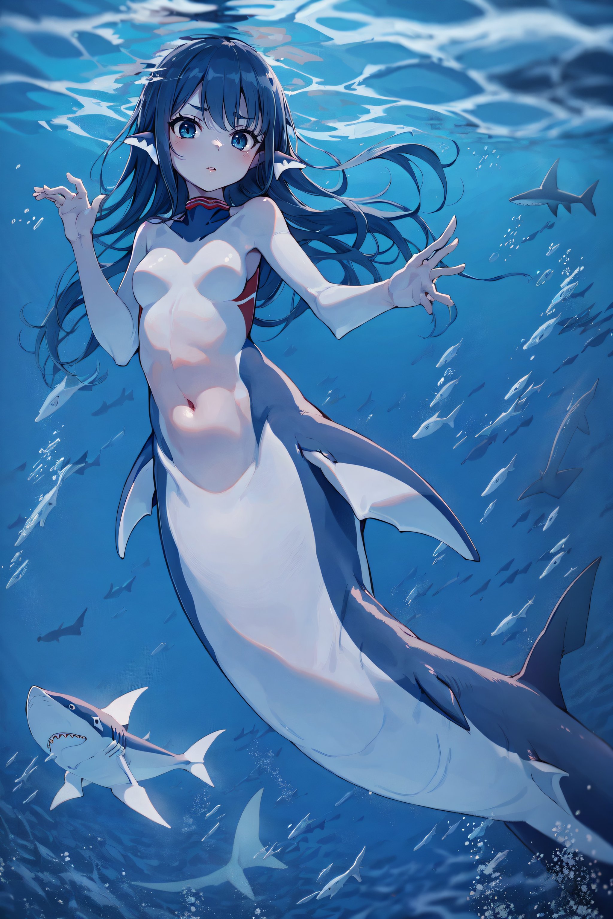 1girl, shark girl, mershark, memaid, fins, underwater, full body, navel, Original Character, Volumetric Lighting, Best Shadows, Shallow Depth of Field, Stunningly Beautiful Girl, Petite, Delicate Beautiful Attractive Face