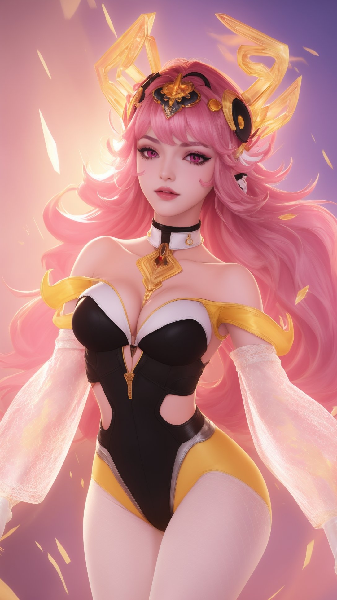 (1girl),smooth chin,masterpiece,detailed face,((hair ornament:1.6)),top quality,4k,make up,best quality,(detached sleeves),(medium breasts),blush,body blush,<lora:王者 虞姬 无限倾慕_v1.0:0.9>,(full body,long legs),black gloves,full bvody highleg leotard,yellow pants,white see-through sleeves,white mixed black edge clothes,(white bra),pink eyes,bare shoulders,headgear,