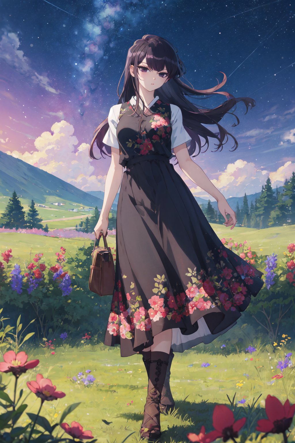 <lora:Shouko-000010:0.8>,Shouko CYQL,1girl,solo,looking at viewer,long hair,black hair,black eyes,(Bohemian_maxi_dress:1.4),(Embroidered_suede_vest:1.3),(Fringe_ankle_boots:1.2),(Open_field_with_wildflowers_background:1.4),female_orgasm,panorama,Foggy mountain, Hiking trail, Morning light, Adventure, Solitude, Nature sounds,(Lavender rows, Purple blooms, Summer sunshine, Fragrant air, Lavender harvest, English countryside:0.5),beautiful detailed sky,beautiful detailed glow,posing in front of a colorful and dynamic background,masterpiece,best quality,beautiful and aesthetic,contrapposto,female focus,wallpaper,