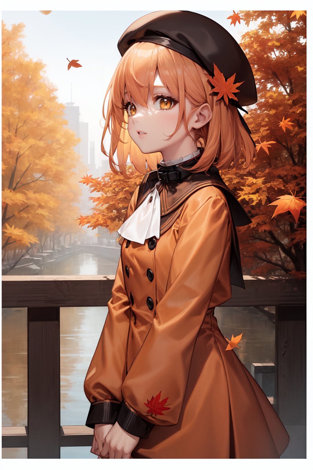 1girl, , autumn leaves, beret, border, buttons, collar, dress, hat, leaf, long sleeves, looking to the side, maple leaf, medium hair, orange dress, orange headwear, solo, tree, white border, 