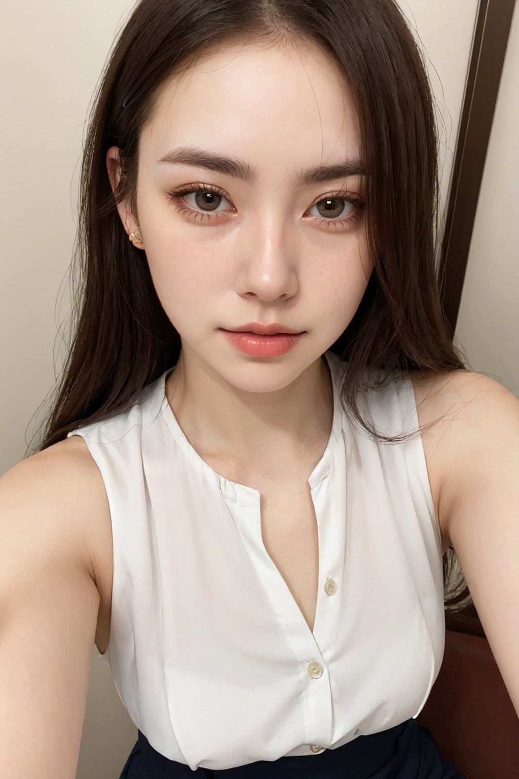 1girl, sleeveless blouse tucked into culottes, charming, perfect face, beautiful face, pale skin 