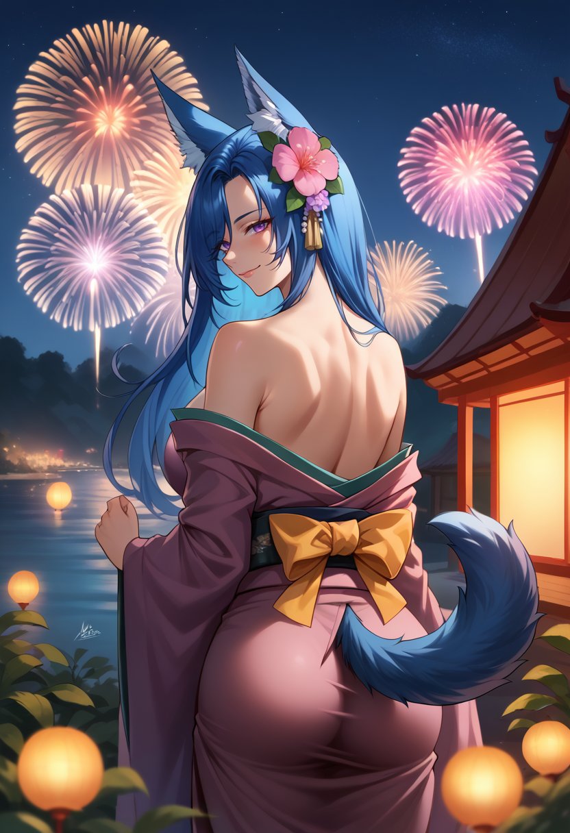 score_9,score_8_up,score_7_up BREAK 1girl,jelofenriruesd,solo,from behind,night,fireworks,blue hair,long hair,hair flower,purple eyes,animal ears,kimono,off shoulder,tail,tail through clothes,looking back,smile,closed mouth,<lora:Fenriru-JeloXL-000007:1>,