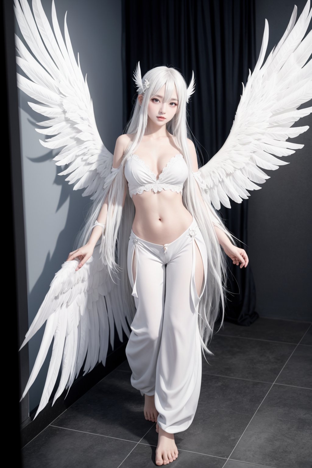 long hair,wings,solo,white hair,barefoot,black wings,1girl,looking at viewer,pants,feathered wings,multiple wings,halo,full body,very long hair,cos,