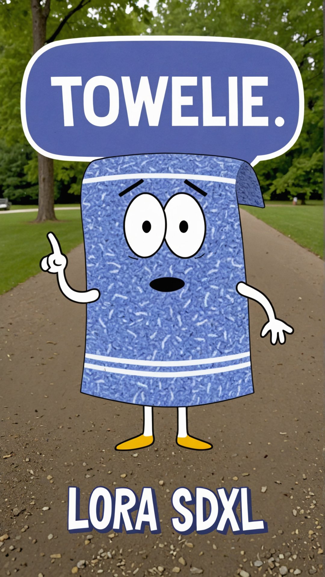 Photo of Towelie smoking weed at the park with a text bubble that says "Towelie SDXL LoRA" <lora:Towelie_v420:0.8>