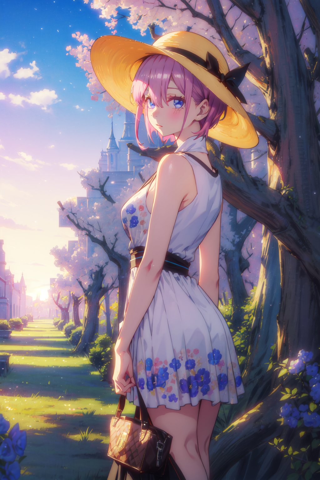 1girl,looking at viewer,solo,short hair,bangs,hair between eyes,pink hair,blue eyes,<lora:Ichika (3):0.8>,Ichika_CYQL,(tearing_up,head tilt,cowboy_shot,front view:1.1),Fashion-forward attire with a printed dress, wide-brimmed hat, and platform heels,beautiful face,beautiful eyes,glossy skin,shiny skin,Lavender, Hills, Purple blooms, Fragrance, Bees, Farmhouse, Sunset,Olive trees, Tuscan villa, Rolling hills, Harvested olives, Warm sunlight, Cypress trees,beautiful detailed sky,beautiful detailed glow,masterpiece,best quality,beautiful and aesthetic,contrapposto,female focus,fine fabric emphasis,wallpaper,fashion,<lora:增强减少细节add_detail:0.4>,