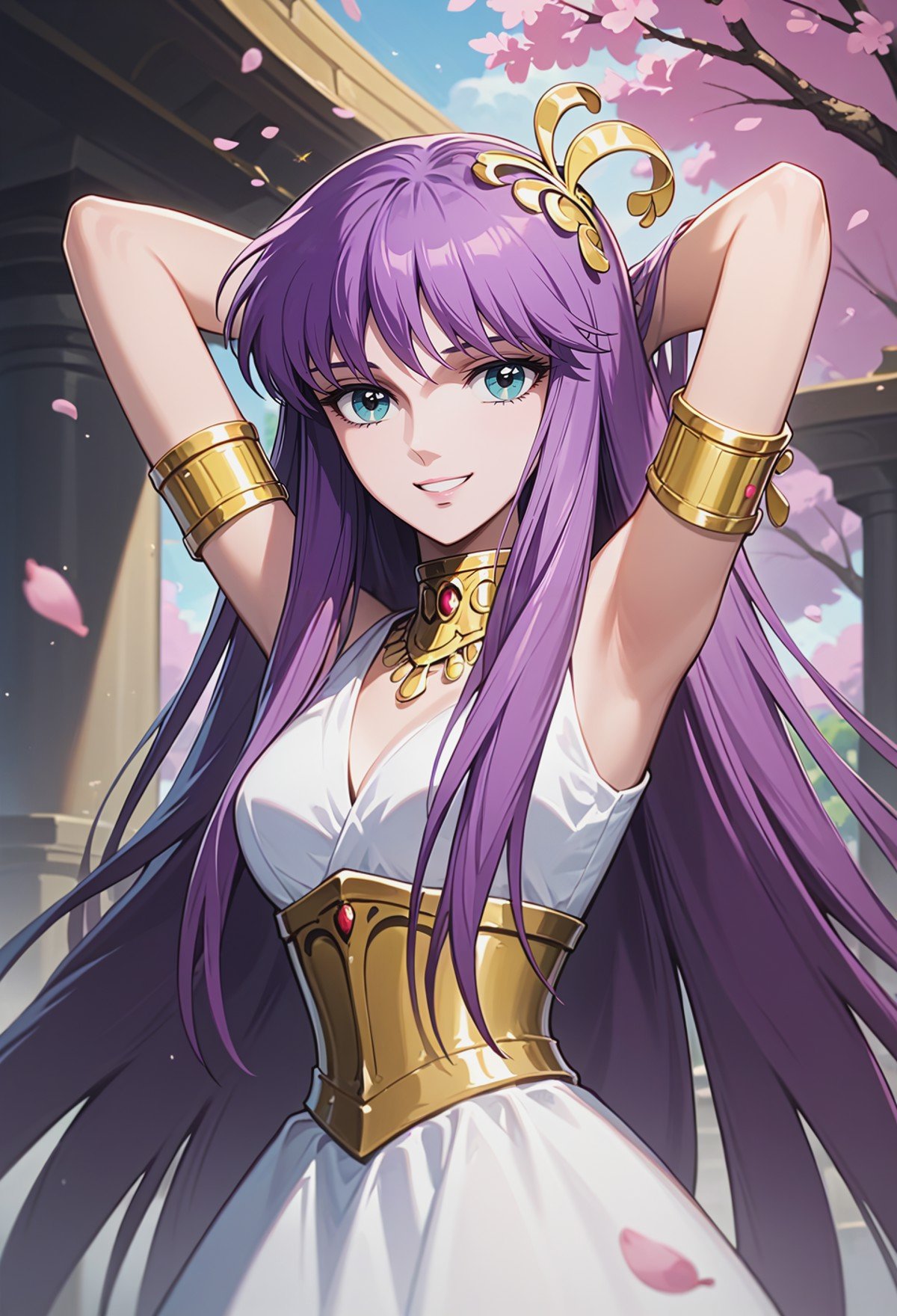 score_9, score_8_up, score_7_up, best quality, intricate details, source anime BREAK masterpiece,<lora:SaoriKido_Pony_v11-12:1> athenakido, purple hair, aqua eyes,  sleeveless dress, athena_accessories, armlet,smile, headshot, Placing hands behind head,serene courtyard with cherry blossom trees in bloom, 