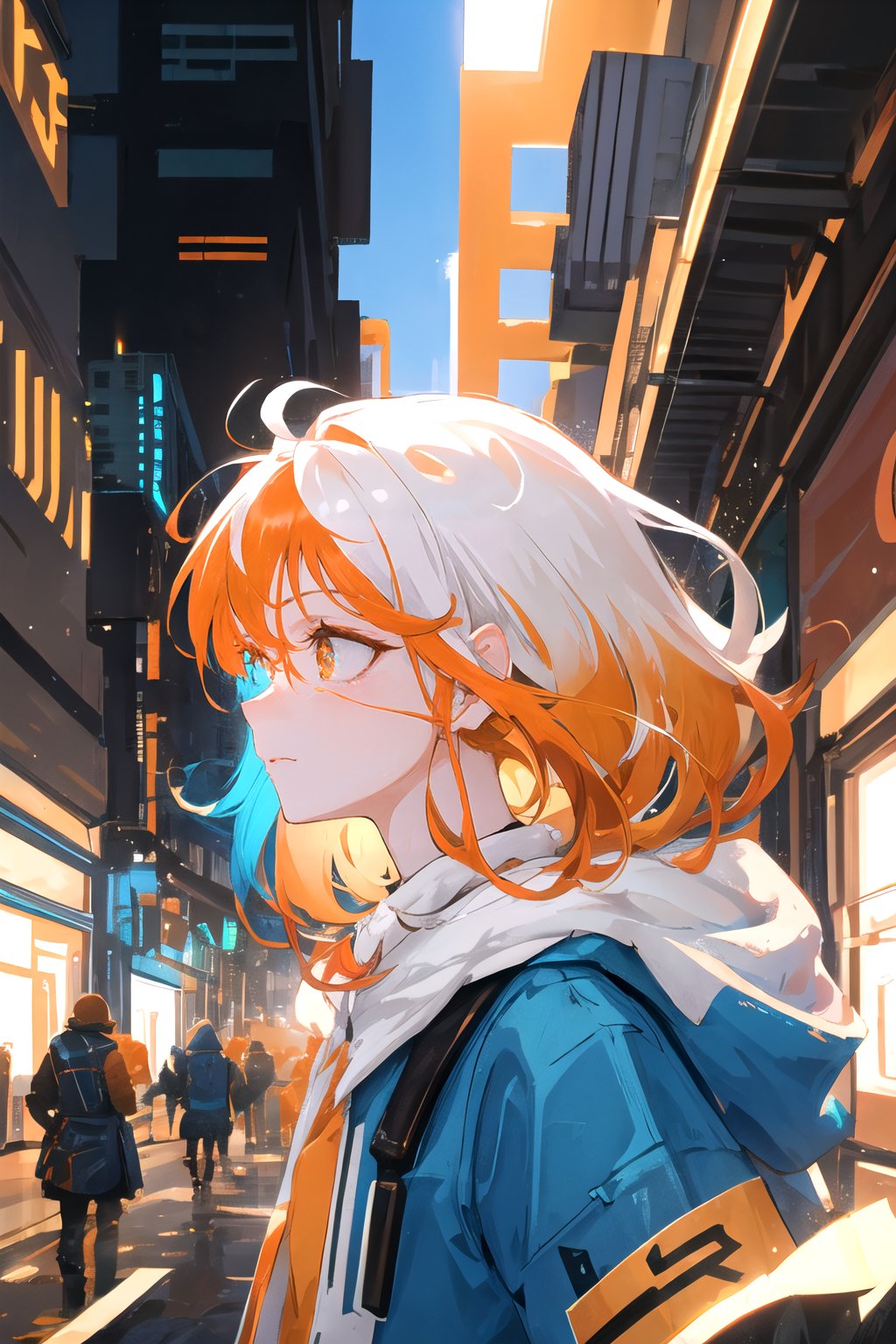 white hair, blue hair, orange hair, gradient hair, orange eyes, profile picture, cyberpunk background, robotic, hair flowing over, volumetric lighting, light particles, sparkling eyes, dystopian, colorful 