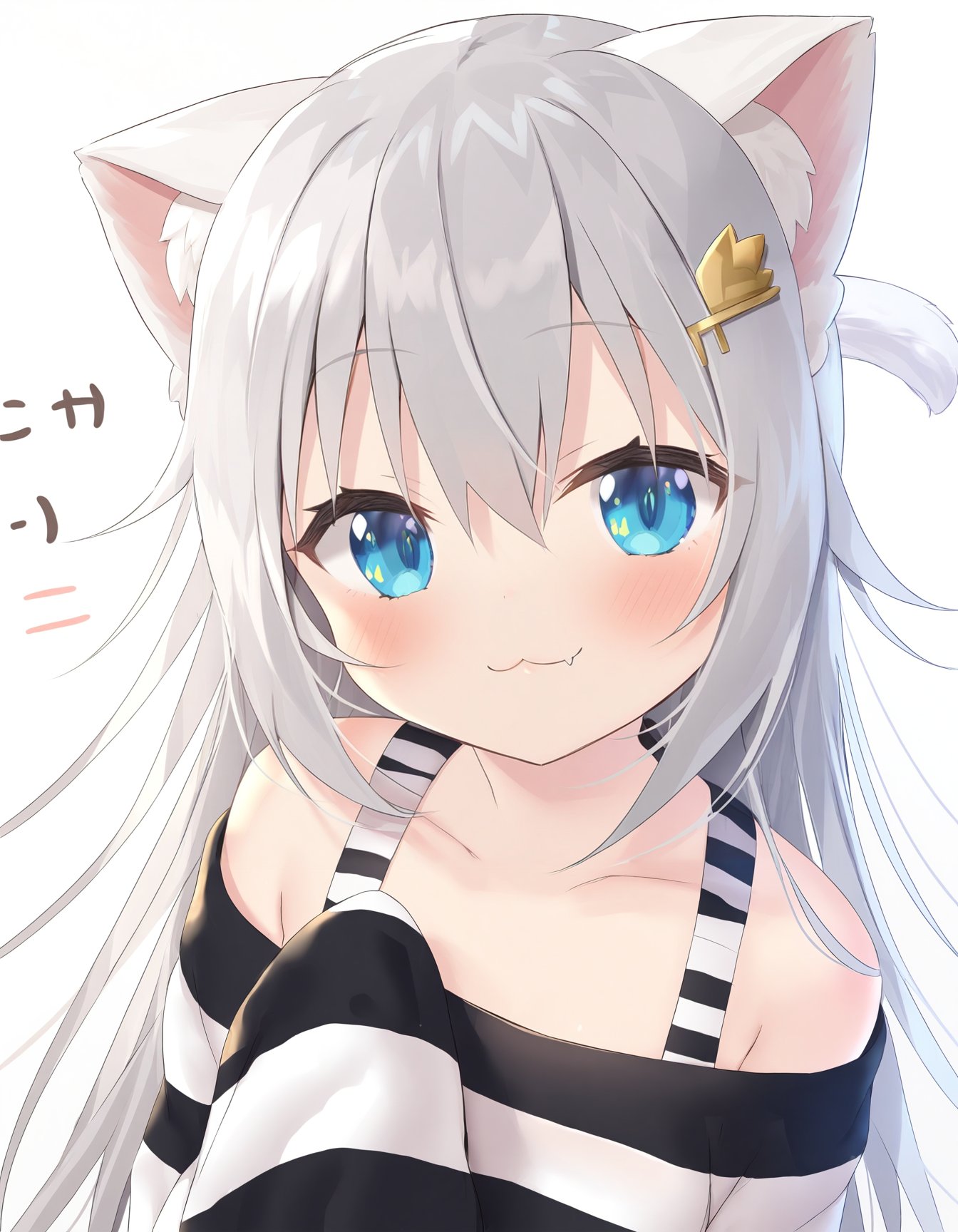 masterpiece,best quality,yano_mitsuki_\(nanairo\),1girl, animal ears, sleeves past wrists, grey hair, cat ears, solo, tail, hair ornament, long hair, cat tail, off shoulder, fang, virtual youtuber, shirt, character name, white background, long sleeves, blue eyes, smile,closed mouth, cat girl, looking at viewer, striped clothes, hairclip, upper body, bare shoulders, blush, simple background, hair between eyes, fang out, striped shirt, off-shoulder shirt, :3,, <lora:HANS_V40_yano_mitsuki:0.8>