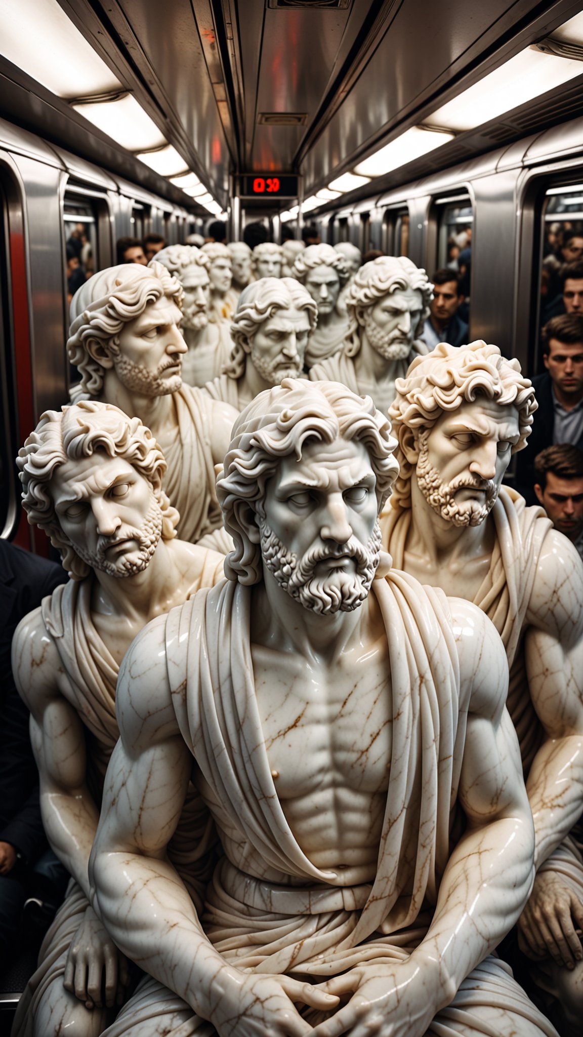 Greek marble statues sitting in a very crowded subway train during rush hour, commuting, confused expressions. exquisite details, photo taken on Hasselblad, creative photoshoot, unreal render 8k