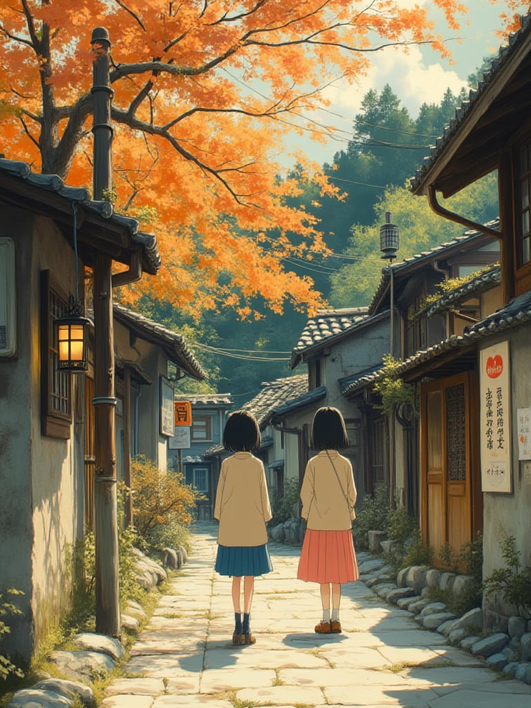 OBfencai,This is a vibrant, digitally created illustration in a semi-realistic, anime-inspired style. The scene depicts two young girls, each with short, dark hair, standing on a narrow, stone-paved path that leads away from the viewer. They are dressed in traditional Japanese school uniforms: the girl on the left wears a beige coat over a blue skirt, while the girl on the right wears a similar outfit but in light pink. The path is flanked by old, weathered buildings with wooden facades and tiled roofs, characteristic of traditional Japanese architecture. To the left, a wooden pole with a lantern hangs from a tree branch adorned with autumn leaves in shades of orange and yellow. To the right, a sign with Japanese characters and a red heart is posted on a wooden wall.