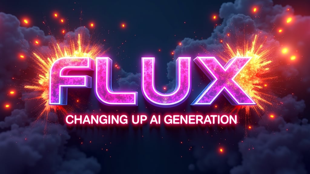 Logo in neon lights, 3D, colorful, modern, glossy, neon background,with a huge explosion of fire with epic effects, the text reads  "FLUX ULTIMATE , CHANGING UP AI GENERATION ",