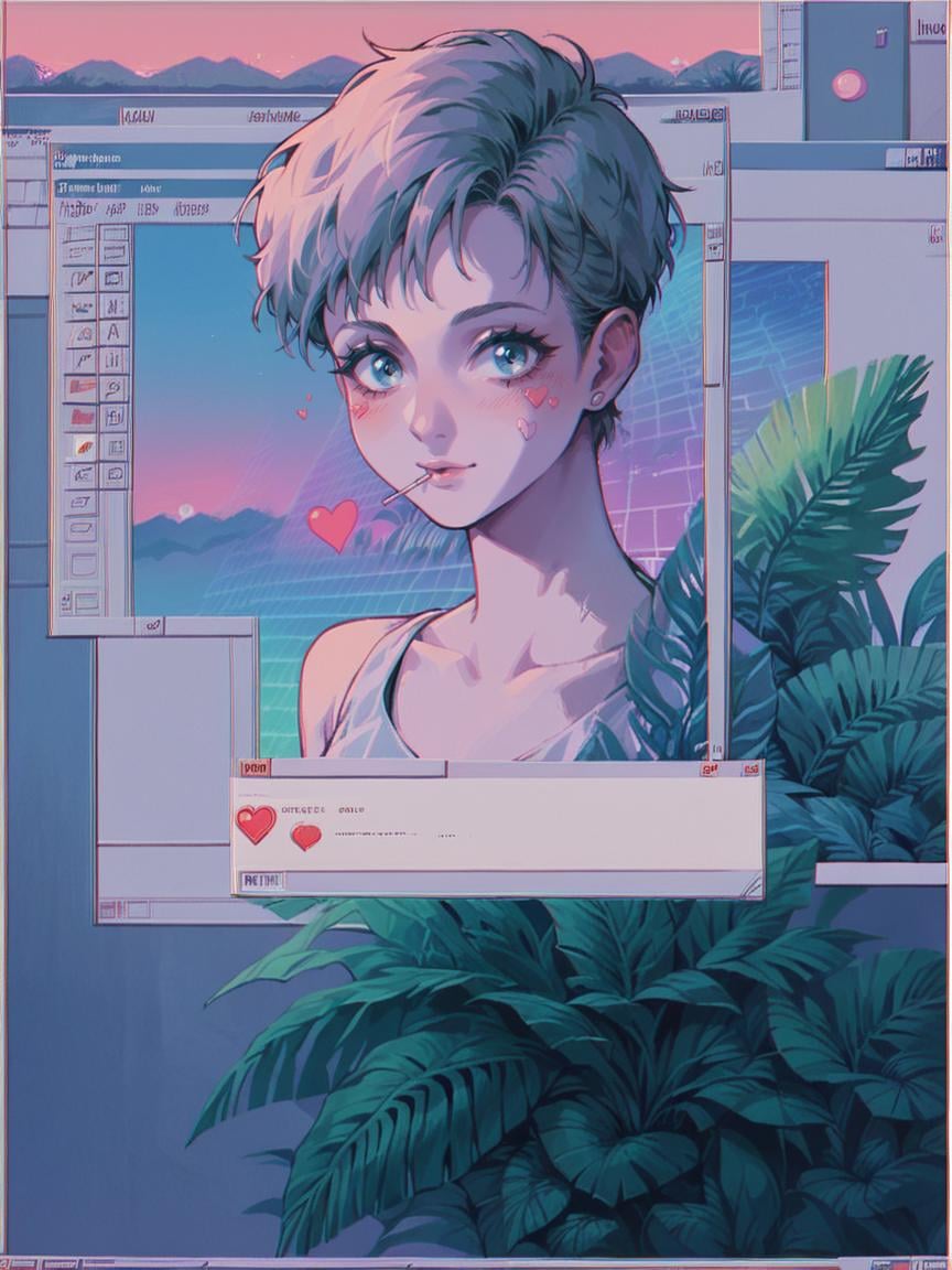 score_9, score_8_up, score_7_up, score_6_up,   <lora:win98XLP:1> win98, fake screenshot, 1990s \(style\), retrowave, 1girl, plants, hearts