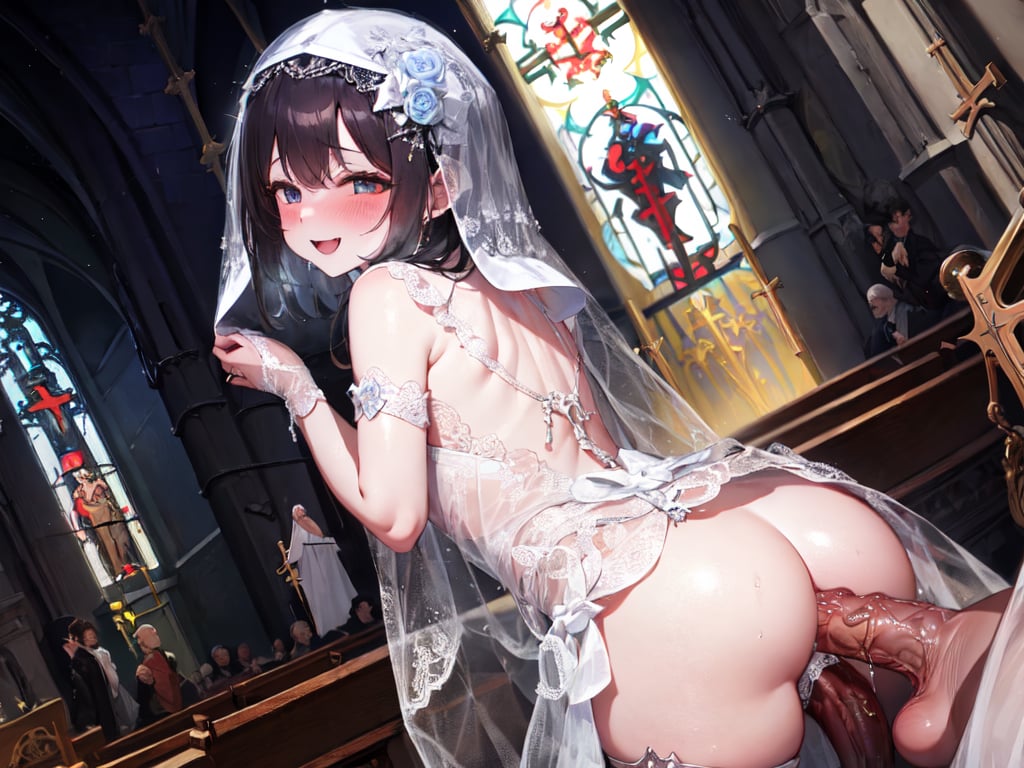 nsfw, best quality a girl illustration, masterpiece, ultra high res, best quality, ultra detailed, high resolution, highly detailed, 4k, 8k, embarrassed, (naughty face:1.1), Happy, smile, full face blush, full-face blush, 1girl, 2boys, <lora:後ろからの二穴挿入 dp_from_behind_v0.1b:1>,  double penetration, (multiple penises:1.1), penis, (veil:1.3), (wedding hall:1.5), (church:1.5), (Cathedral:1.5), bridal veil, white gloves, (public:1.2), <lyco:トロ顔 torogao_v4-000010:1.4>, 