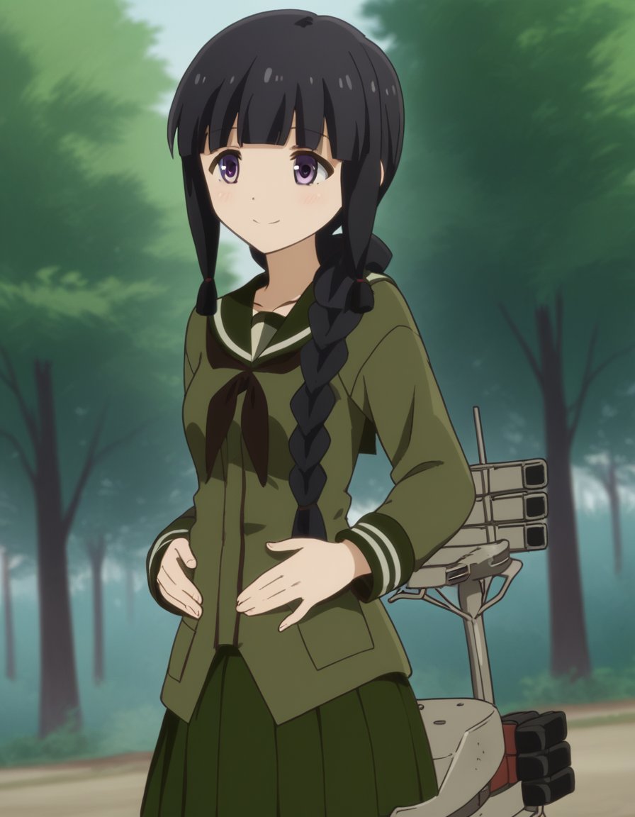 score_9, score_8_up, score_7_up, source_anime, <lora:kancolle-kitakami-s1-ponyxl-lora-nochekaiser:1>, kitakami, long hair, bangs, black hair, purple eyes, braid, blunt bangs, single braid, hair over shoulder, kitakami (kancolle), skirt, school uniform, serafuku, green skirt, pleated skirt, green shirt, green sailor collar, bike ride, countryside, dirt road, trees, afternoon sun, peaceful, alone, smile, , hands on stomach, blush,, solo,, cowboy shot, dutch angle