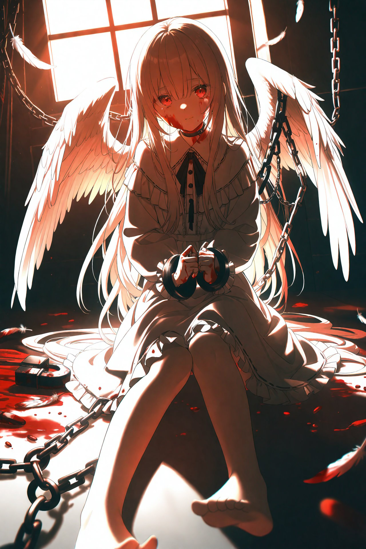 (masterpiece),(best quality),illustration,ultra detailed,hdr,Depth of field,(colorful),loli,1girl,solo,wings,blood,long hair,sitting,chain,red eyes,blood on hands,feathered wings,barefoot,blood on face,blood from eyes,dress,long sleeves,cuffs,feathers,frills,looking at viewer,very long hair,white wings,bandages,shackles,bangs,