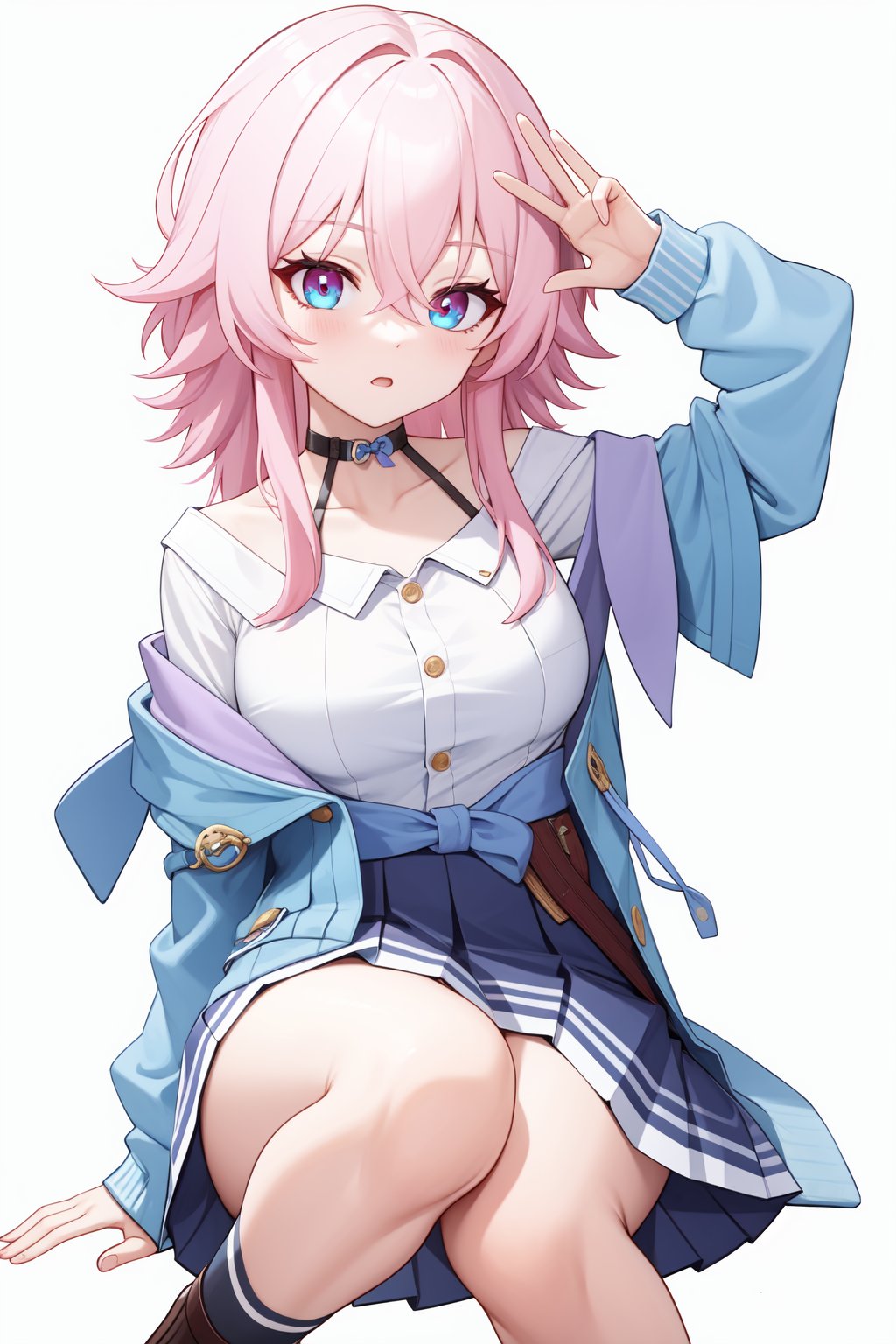 <lora:三月七:1:lbw=char>,sanyueqi,pink hair,bangs,shirt,white shirt,long sleeves,blue eyes,jacket,skirt,choker,blue jacket,blue skirt,hair between eyes,multicolored eyes,, 1girl,,  (masterpiece,best quality:1.2),absurdres