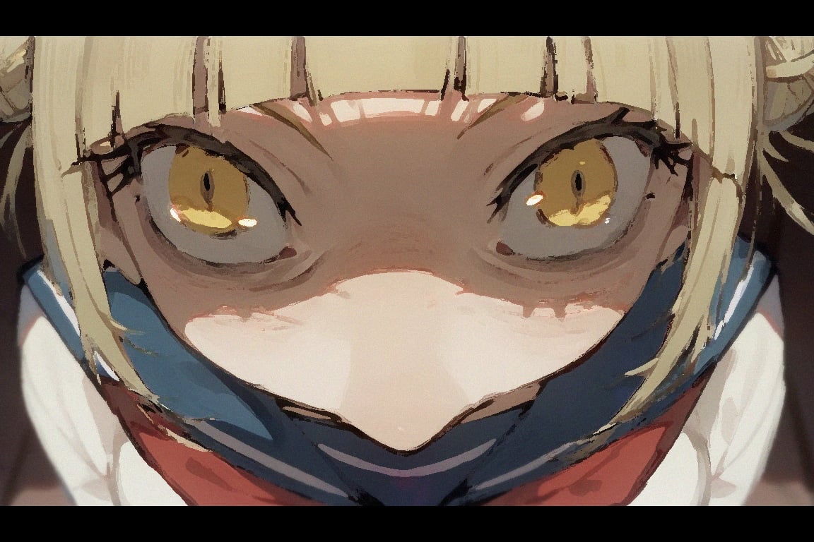 <lora:insanity-angle:1>, score_9, score_8_up, score_7_up, insanity-angle, 1girl, letterboxed, toga himiko, blonde hair, short hair, sidelocks, slit pupils, yellow eyes, blue sailor collar, double bun, messy hair, red neckerchief, serafuku, blush, 