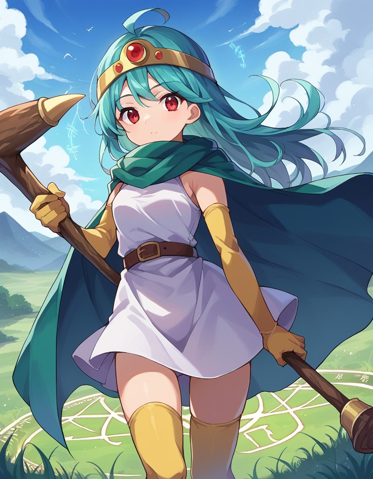 score_9, score_8_up, score_7_up, source_anime,dqsage, <lora:dq-sage-ponyxl-lora-nochekaiser:1>,sage, ahoge, aqua hair, red eyes, long hair,belt, buckle, cape, capelet, circlet, cloak, dress, elbow gloves, gloves, scarf, short dress, sleeveless, sleeveless dress, thighhighs, yellow gloves,outdoors, plains, grass, magic, magic circle, staff, holding staff,looking at viewer, dutch angle, cowboy shot,