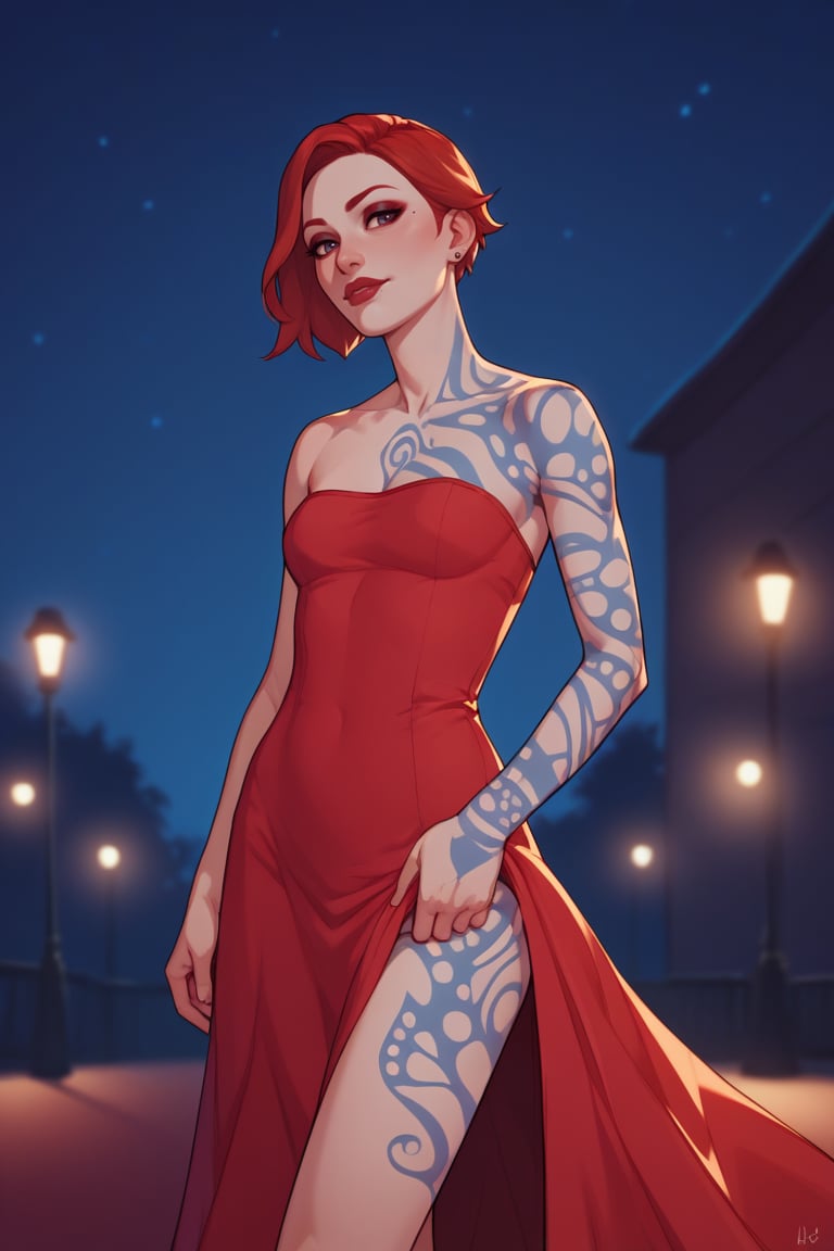 score_9, score_8_up, score_7_up, BREAK , 1girl, solo, breasts, <lora:lilithbl2-guy-v1PONXL:.9>, lilithbl2, tattoo, makeup, strapless dress, night, night sky, red carpet, outdoors, limousine, paparazzi, pose, cowboy shot, 