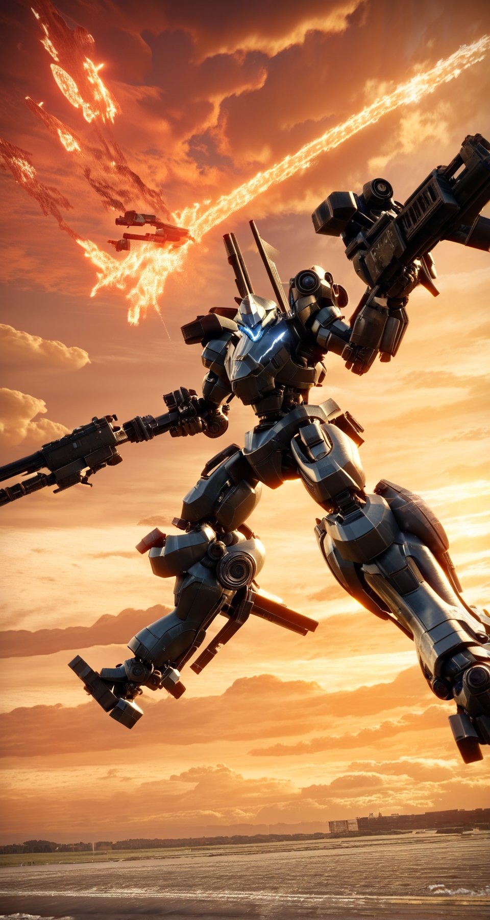 score_9, score_8_up, score_7_up, best quality, masterpiece, source_anime, <lora:jijia-pony-Tanger-000006:0.8>, jijia, 3d, CG, armored core \(video game\), weapon, mecha, robot, no humans, gun, science fiction, holding, holding weapon, holding gun, cloud, battle, glowing, firing, sky, flying,some futuristic robots fighting in the air,some guns on the screen and a light up background