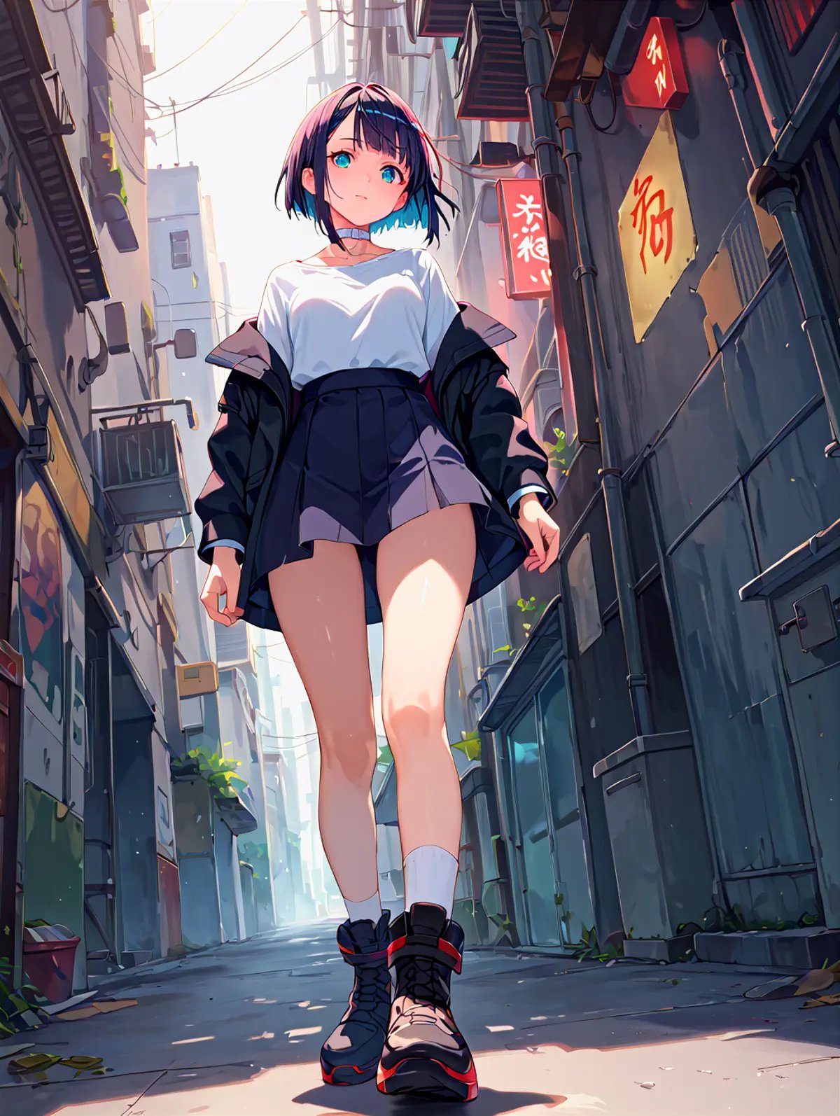 score_9, score_8_up, score_7_up, score_6_up, score_5_up, score_4_up, source_anime, cute face, masterpiece, best quality, very aesthetic, absurdres by sadamoto yoshiyuki, 1girl, aged up walking in the alley short hair black suit white collar shirt wind perspective from below cyberpunk, neon