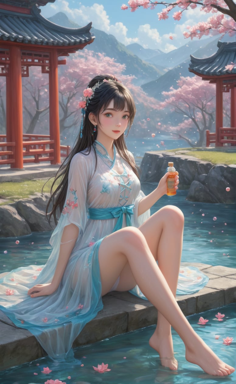 Colorful colors,surrounded by water bubbles,oil paintings painted in anime style,chinese girls,full body,barefoot, masterpiece, best quality,